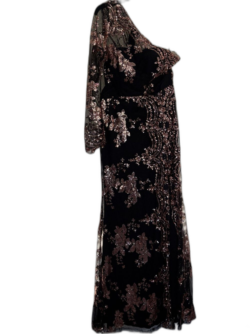 Fashion Nova Black One-Shoulder Gown with Rose Gold Sequins